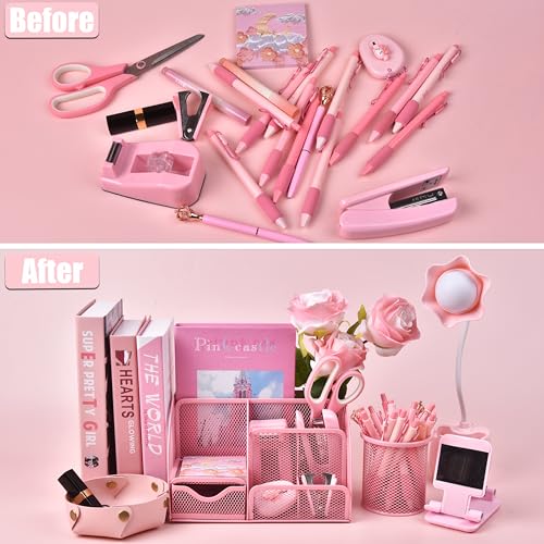 Smart Home Pink Desk Accessories, 24Pcs Pink Office Supplies for Daily Use